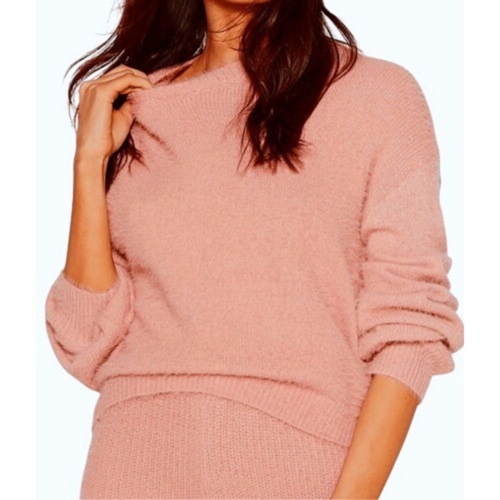 Nasty Gal It Takes Two Baby Sweater Top LARGE Pink Fuzzy Knit Loungewear Cozy